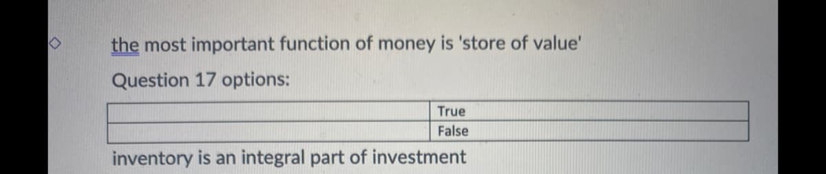 the most important function of money is 'store of value'
Question 17 options:
True
False
inventory is an integral part of investment
