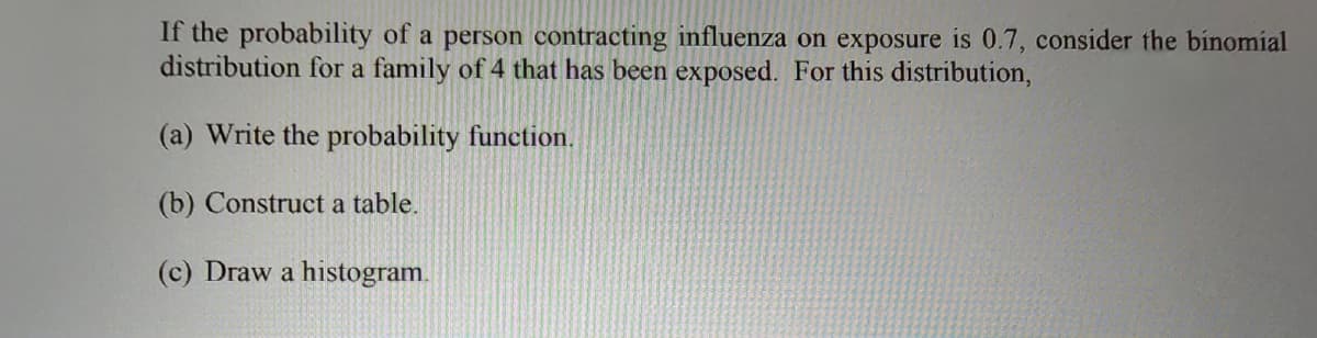 If the probability of a person contracting influenza on exposure is 0.7, consider the binomial
distribution for a family of 4 that has been exposed. For this distribution,
(a) Write the probability function.
(b) Construct a table.
(c) Draw a histogram.