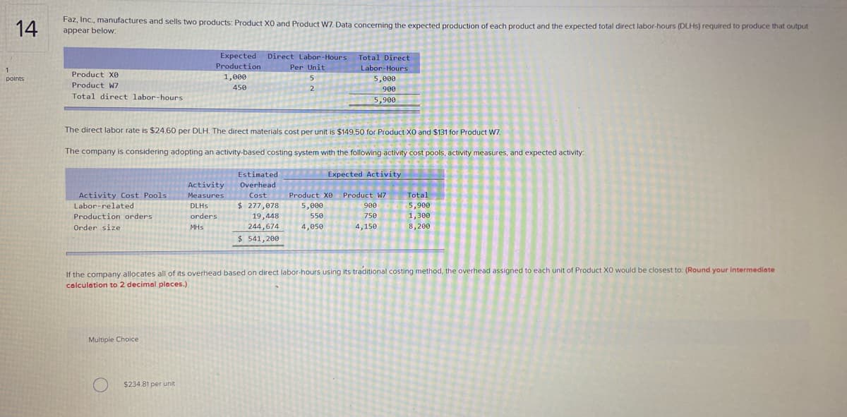 Faz, Inc., manufactures and sells two products: Product XO and Product W7, Data concerning the expected production of each product and the expected total direct labor-hours (DLHS) required to produce that output
14
appear below:
Expected Direct Labor-Hours
Total Direct
Production
Per Unit
Labor-Hours
1
Product X0
points
1,000
5,000
Product W7
450
900
Total direct labor-hours
5,900
The direct labor rate is $24.60 per DLH. The direct materials cost per unit is $149.50 for Product X0 and $131 for Product W7.
The company is considering adopting an activity-based costing system with the following activity cost pools, activity measures, and expected activity:
Estimated
***** Expected Activity
Activity
Overhead
Activity Cost Pools
Measures
Cost
Product xe Product W7
Total
Labor-related
DLHS
$ 277,078
900
5,900
5,000
550
Production orders
orders
19,448
244,674
$ 541,200
750
1,300
Order size
MHs
4,050
4,150
8,200
If the company allocates all of its overhead based on direct labor-hours using its traditional costing method, the overhead assigned to each unit of Product X0 would be closest to: (Round your intermediate
calculation to 2 decimal places.)
Multiple Choice
$234.81 per unit
