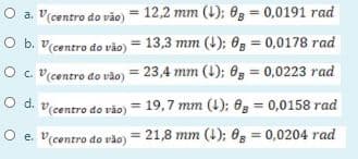 O a. V(centro do vão) = 12,2 mm (1); 0g = 0,0191 rad
O b. v(centro do vão) = 13,3 mm (4); 0g = 0,0178 rad
O c. Vicentro do vào) = 23,4 mm (1); 0g = 0,0223 rad
O d. v(centro do vão) = 19,7 mm (1); 8 = 0,0158 rad
O e. vcentro do vào) = 21,8 mm (1); 0, = 0,0204 rad
!3!
%3D
