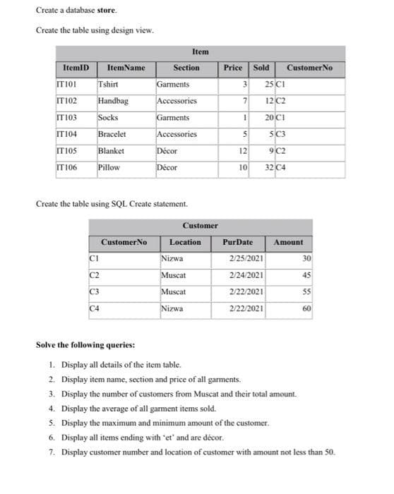 Create a database store.
Create the table using design view.
Item
Customer No
25 CI
ItemlD
ItemName
Section
Price Sold
ITI01
Tshirt
Garments
3
IT102
Handbag
Accessories
12 C2
IT103
Socks
Garments
20 CI
IT104
Bracelet
Accessories
5 C3
IT105
Blanket
Décor
12
9 C2
IT 106
Pillow
Décor
10
32 C4
Create the table using SQL Create statement.
Customer
Customer No
CI
Location
PurDate
Amount
Nizwa
2/25/2021
30
C2
Muscat
2/24/2021
45
C3
Muscat
2/22/2021
55
C4
Nizwa
2/22/2021
60
Solve the following queries:
1. Display all details of the item table.
2. Display item name, section and price of all garments.
3. Display the number of customers from Muscat and their total amount.
4. Display the average of all garment items sold.
5. Display the maximum and minimum amount of the customer.
6. Display all items ending with "et' and are décor.
7. Display customer number and location of customer with amount not less than 50.
