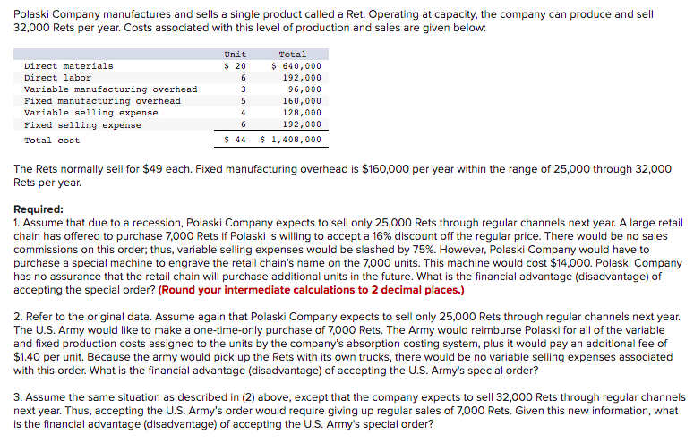 Polaski Company manufactures and sells a single product called a Ret. Operating at capacity, the company can produce and sell
32,000 Rets per year. Costs associated with this level of production and sales are given below:
Unit
Total
$ 20
$ 640,000
192,000
96,000
160,000
Direct materials
Direct labor
Variable manufacturing overhead
Fixed manufacturing overhead
Variable selling expense
3
5
4
128,000
Fixed selling expense
192,000
Total cost
$ 44
$ 1,408,000
The Rets normally sell for $49 each. Fixed manufacturing overhead is $160,000 per year within the range of 25,000 through 32,000
Rets per year.
Required:
1. Assume that due to a recession, Polaski Company expects to sell only 25,000 Rets through regular channels next year. A large retail
chain has offered to purchase 7,000 Rets if Polaski is willing to accept a 16% discount off the regular price. There would be no sales
commissions on this order; thus, variable selling expenses would be slashed by 75%. However, Polaski Company would have to
purchase a special machine to engrave the retail chain's name on the 7,000 units. This machine would cost $14,000. Polaski Company
has no assurance that the retail chain will purchase additional units in the future. What is the financial advantage (disadvantage) of
accepting the special order? (Round your intermediate calculations to 2 decimal places.)
2. Refer to the original data. Assume again that Polaski Company expects to sell only 25,000 Rets through regular channels next year.
The U.S. Army would like to make a one-time-only purchase of 7,000 Rets. The Army would reimburse Polaski for all of the variable
and fixed production costs assigned to the units by the company's absorption costing system, plus it would pay an additional fee of
$1.40 per unit. Because the army would pick up the Rets with its own trucks, there would be no variable selling expenses associated
with this order. What is the financial advantage (disadvantage) of accepting the U.S. Army's special order?
3. Assume the same situation as described in (2) above, except that the company expects to sell 32,000 Rets through regular channels
next year. Thus, accepting the U.S. Army's order would require giving up regular sales of 7,000 Rets. Given this new information, what
is the financial advantage (disadvantage) of accepting the U.S. Army's special order?
