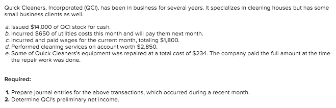 Quick Cleaners, Incorporated (QCI), has been in business for several years. It specializes in cleaning houses but has some
small business clients as well.
a. Issued $14,000 of QCI stock for cash.
b. Incurred $650 of utilities costs this month and will pay them next month.
c. Incurred and paid wages for the current month, totaling $1,800.
d. Performed cleaning services on account worth $2,850.
e. Some of Quick Cleaners's equipment was repaired at a total cost of $234. The company paid the full amount at the time
the repair work was done.
Required:
1. Prepare journal entries for the above transactions, which occurred during a recent month.
2. Determine QCI's preliminary net income.
