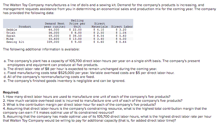 The Walton Toy Company manufactures a line of dolls and a sewing kit. Demand for the company's products is increasing, and
management requests assistance from you in determining an economical sales and production mix for the coming year. The company
has provided the following data:
Demand Next
year (units)
64,000
56,000
49,000
Selling
Price per
Unit
$ 22.00
$ 8.00
$ 38.50
$ 13.00
$ 9.40
Direct
Materials Direct Labor
$ 4.10
$ 2.50
$ 8.54
$ 3.40
$ 4.60
Product
Debbie
Trish
Sarah
$ 3.20
$ 1.04
$ 5.60
$ 4.00
$ 0.64
Mike
Sewing kit
45,600
339,000
The following additional information is available:
a. The company's plant has a capacity of 105,700 direct labor-hours per year on a single-shift basis. The company's present
employees and equipment can produce all five products.
b. The direct labor rate of $8 per hour is expected to remain unchanged during the coming year.
c. Fixed manufacturing costs total $525,000 per year. Varlable overhead costs are $5 per direct labor-hour.
d. All of the company's nonmanufacturing costs are fixed.
e. The company's finished goods inventory is negligible and can be ignored.
Required:
1. How many direct labor hours are used to manufacture one unit of each of the company's five products?
2. How much varlable overhead cost is incurred to manufacture one unit of each of the company's five products?
3. What is the contribution margin per direct labor-hour for each of the company's five products?
4. Assuming that direct labor-hours is the company's constraining resource, what is the highest total contribution margin that the
company can earn if it makes optimal use of its constrained resource?
5. Assuming that the company has made optimal use of its 105,700 direct labor-hours, what is the highest direct labor rate per hour
that Walton Toy Company would be willing to pay for additional capacity (that is, for added direct labor time)?
