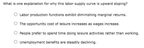 What is one explanation for why this labor supply curve is upward sloping?
Labor production functions exhibit diminishing marginal returns.
The opportunity cost of leisure increases as wages increase.
People prefer to spend time doing leisure activities rather than working.
O Unemployment benefits are steadily declining.
