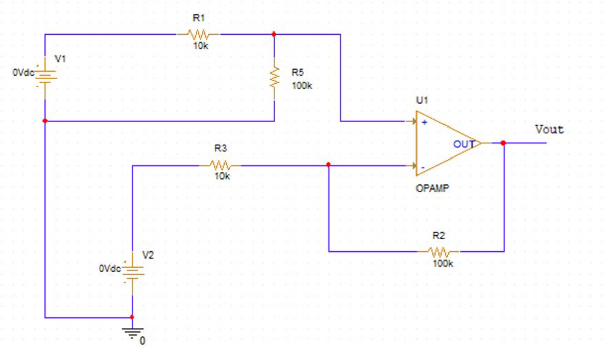 R1
10k
V1
Ovdc
R5
100k
U1
Vout
OUT
R3
10k
OPAMP
R2
V2
100k
Ovdc
