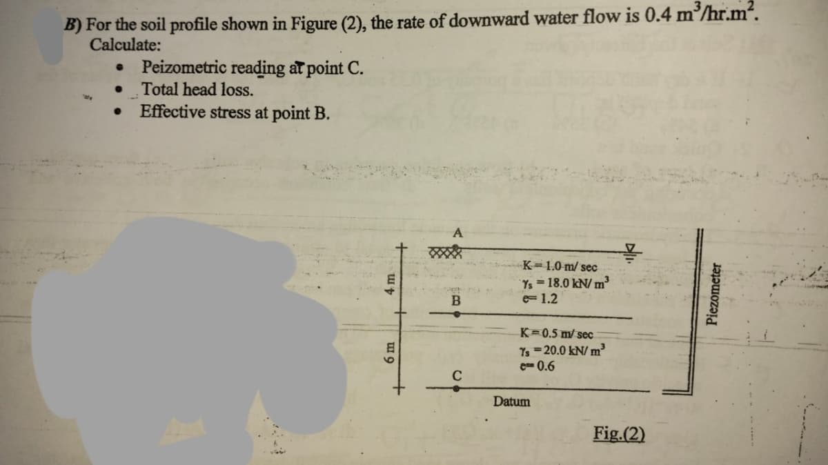 B) For the soil profile shown in Figure (2), the rate of downward water flow is 0.4 m³/hr.m².
Calculate:
Peizometric reading at point C.
Total head loss.
Effective stress at point B.
m
4
6 m
A
C
K=1.0 m/ sec
Ys = 18.0 kN/m³
e-1.2
K=0.5 m/sec
Ys=20.0 kN/m³
em 0.6
Datum
Fig.(2)
Piezometer