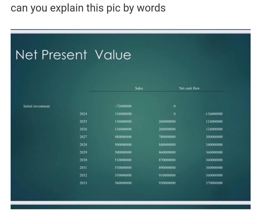 can you explain this pic by words
Net Present Value
Sales
Net cash flow
Initial investment
-72000000
2024
136000000
-136000000
2025
136000000
260000000
124000000
2026
136000000
260000000
124000000
2027
480000000
780000000
300000000
2028
500000000
840000000
340000000
2029
500000000
860000000
360000000
2030
510000000
870000000
360000000
2031
530000000
890000000
360000000
2032
550000000
910000000
360000000
2033
560000000
930000000
370000000
