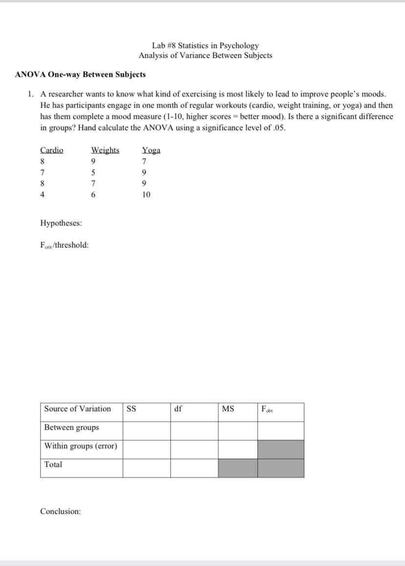 Lab #8 Statistics in Psychology
Analysis of Variance Between Subjects
ANOVA One-way Between Subjects
1. A researcher wants to know what kind of exercising is most likely to lead to improve people's moods.
He has participants engage in one month of regular workouts (cardio, weight training, or yoga) and then
has them complete a mood measure (1-10, higher scores = better mood). Is there a significant difference
in groups? Hand calculate the ANOVA using a significance level of .05.
Cardio
Weights
Yoga
8.
9
7
7
5
9
8
7
9
4
10
Hypotheses:
Feit /threshold:
Source of Variation
S
df
MS
Febt
Between groups
Within groups (error)
Total
Conclusion:
