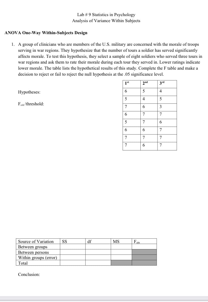 Lab # 9 Statistics in Psychology
Analysis of Variance Within Subjects
ANOVA One-Way Within-Subjects Design
1. A group of clinicians who are members of the U.S. military are concerned with the morale of troops
serving in war regions. They hypothesize that the number of tours a soldier has served significantly
affects morale. To test this hypothesis, they select a sample of eight soldiers who served three tours in
war regions and ask them to rate their morale during each tour they served in. Lower ratings indicate
lower morale. The table lists the hypothetical results of this study. Complete the F table and make a
decision to reject or fail to reject the null hypothesis at the .05 significance level.
1st
2nd
3rd
6
5
4
Нуpotheses:
5
4
Ferit /threshold:
6
3
6
7
7
5
7
6
6
7
7
7
6
7
Source of Variation
SS
df
MS
Fobt
Between groups
Between persons
Within groups (error)
Total
Conclusion:
