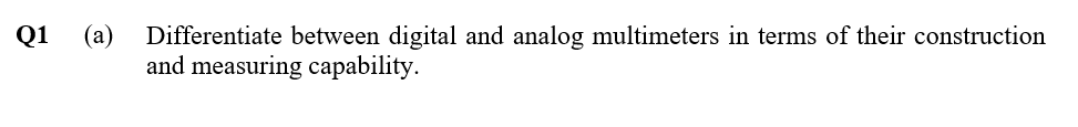 Q1
(a)
Differentiate between digital and analog multimeters in terms of their construction
and measuring capability.
