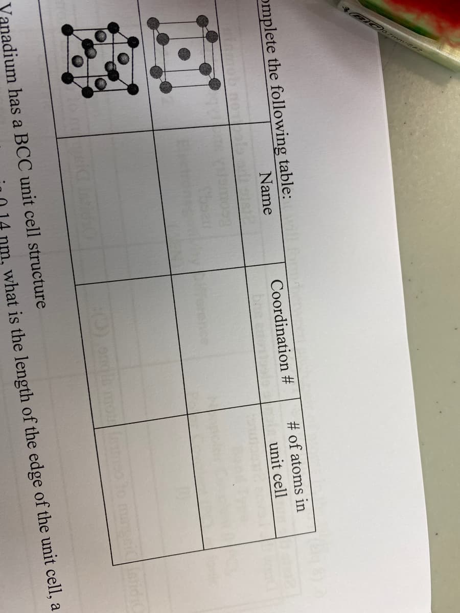 omplete the following table:ill
Name
Coordination #
# of atoms in
unit cell
nadium has a BCC unit cell structure
what is the length of the edge of the unit cell, a
