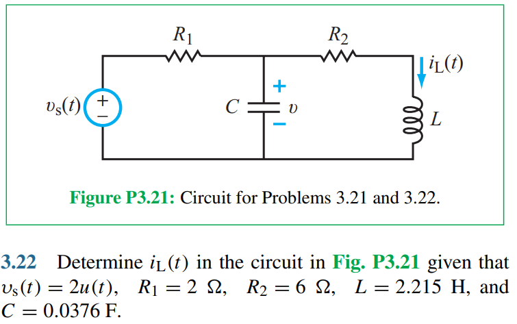 vs(t) (+
R₁
ww
C
+
V
R2
LiL(t)
ell
L
Figure P3.21: Circuit for Problems 3.21 and 3.22.
3.22 Determine i(t) in the circuit in Fig. P3.21 given that
vs(t) = 2u(t), R₁ = 22, R₂ = 62, L= 2.215 H, and
C = 0.0376 F.