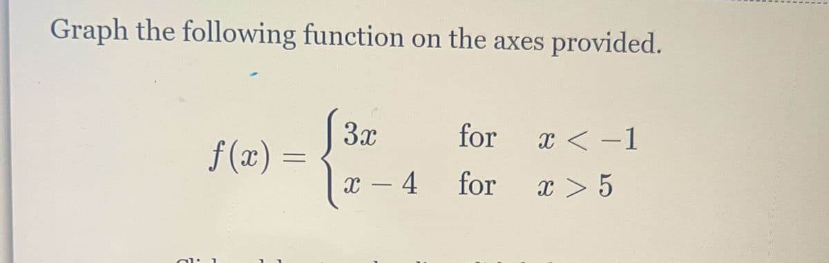 Graph the following function on the axes provided.
al
f(x)
=
(3x
for
x - 4 for
x < -1
x > 5