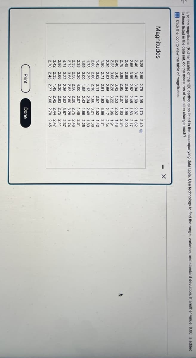 +
Use the magnitudes (Richter scale) of the 120 earthquakes listed in the accompanying data table. Use technology to find the range, variance, and standard deviation. If another value, 8.00, is added
to those listed in the data set, do the measures of variation change much?
Click the icon to view the table of magnitudes.
Magnitudes
3.28 2.80 2.79 1.95 1.70 2.49
2.46 3.42 3.94
2.55 3.99 2.52
1.60 2.87 1.62
2.45 1.83 2.17
2.45 2.98 2.94 2.35 1.99 3.00
2.78 3.88 2.95 2.07 1.83 2.34
2.40 3.45 3.42 1.53 2.53 1.48
2.23 3.08 2.28 3.22 1.96 1.91
2.39 2.93 2.55 1.48 2.17 2.34
1.90 2.71 2.91 1.83 3.69 2.71
2.57 1.52 1.42
1.66 3.21 1.38
1.45 3.62 3.11
2.88 2.86 2.18
1.73 2.39 1.13 2.34
1.99 3.00 1.95 2.43
2.35 3.20 4.00 2.07
2.33 2.56 2.56 2.20
2.72 3.58 2.83
4.71 3.22 2.36
2.86 2.66 2.30 2.83
2.49 1.80
1.86 2.25
1.49 2.31
2.75 2.46
2.80
3.28 1.74
2.02
3.87 2.37
2.75 2.41
3.42 2.35 1.49 2.42 2.44 2.47
2.70 2.43 2.77 2.66 2.70 2.45
Print
Done
- X