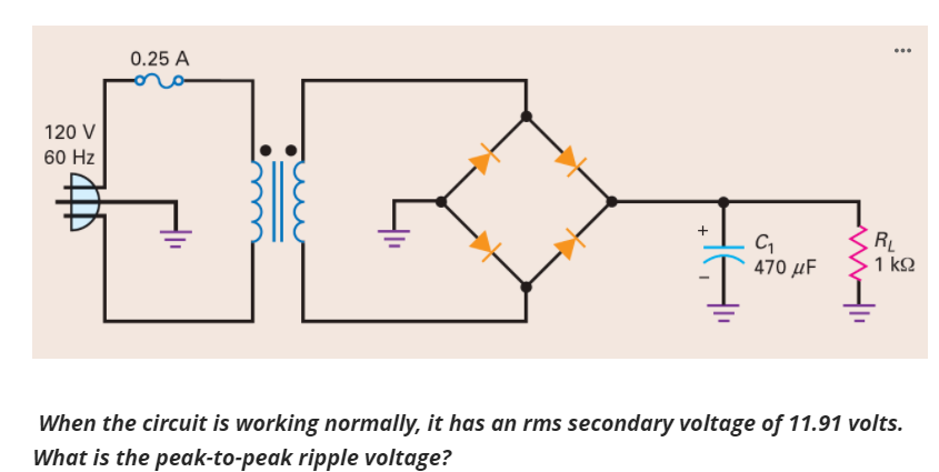 ...
0.25 A
120 V
60 Hz
RL
1 k2
470 μ
When the circuit is working normally, it has an rms secondary voltage of 11.91 volts.
What is the peak-to-peak ripple voltage?
