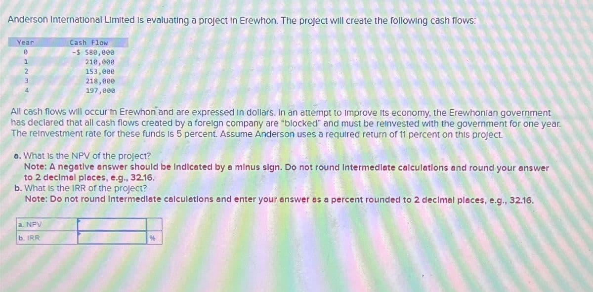 Anderson International Limited is evaluating a project in Erewhon. The project will create the following cash flows:
Year
Cash Flow
1
20723
-$ 580,000
210,000
153,000
218,000
197,000
All cash flows will occur in Erewhon and are expressed in dollars. In an attempt to Improve its economy, the Erewhonian government
has declared that all cash flows created by a foreign company are "blocked" and must be reinvested with the government for one year.
The reinvestment rate for these funds is 5 percent. Assume Anderson uses a required return of 11 percent on this project.
a. What is the NPV of the project?
Note: A negative answer should be Indicated by a minus sign. Do not round Intermediate calculations and round your answer
to 2 decimal places, e.g., 32.16.
b. What is the IRR of the project?
Note: Do not round Intermedlate calculations and enter your answer as a percent rounded to 2 decimal places, e.g., 32.16.
a. NPV
b. IRR
96