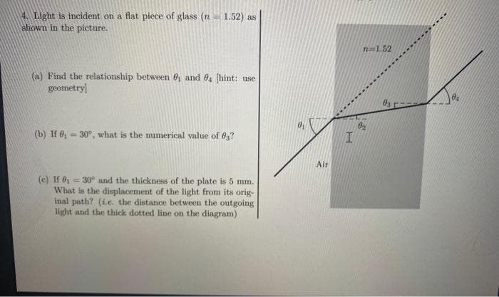 4. Light is incident on a flat piece of glass (n = 1.52) as
shown in the picture.
(a) Find the relationship between ₁ and 4 [hint: use
geometry]
(b) If 0₁= 30°, what is the numerical value of 03?
(c) If 0₁ = 30° and the thickness of the plate is 5 mm.
What is the displacement of the light from its orig-
inal path? (ie. the distance between the outgoing
light and the thick dotted line on the diagram)
Air
H
n=1.52
0₂