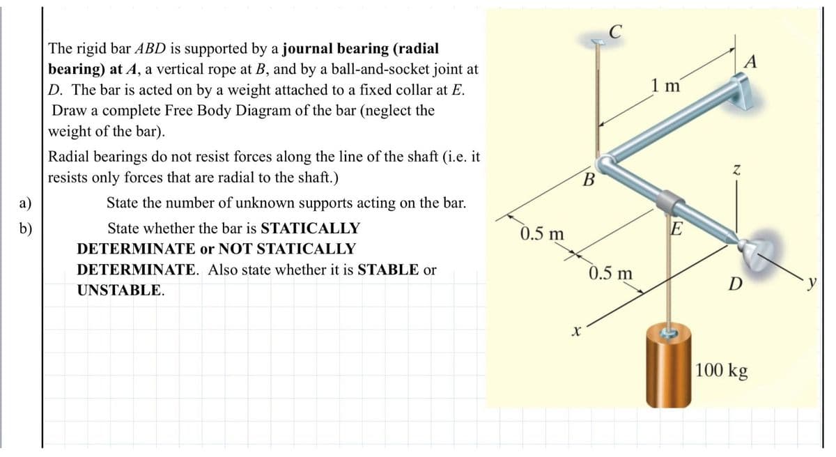 b)
The rigid bar ABD is supported by a journal bearing (radial
bearing) at A, a vertical rope at B, and by a ball-and-socket joint at
D. The bar is acted on by a weight attached to a fixed collar at E.
Draw a complete Free Body Diagram of the bar (neglect the
weight of the bar).
Radial bearings do not resist forces along the line of the shaft (i.e. it
resists only forces that are radial to the shaft.)
State the number of unknown supports acting on the bar.
State whether the bar is STATICALLY
DETERMINATE or NOT STATICALLY
DETERMINATE. Also state whether it is STABLE or
UNSTABLE.
0.5 m
B
C
0.5 m
1 m
E
Z
A
D
100 kg
y