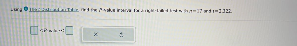 Using The t Distribution Table, find the P-value interval for a right-tailed test with n=17 and t=2.322.
<P-value <
X