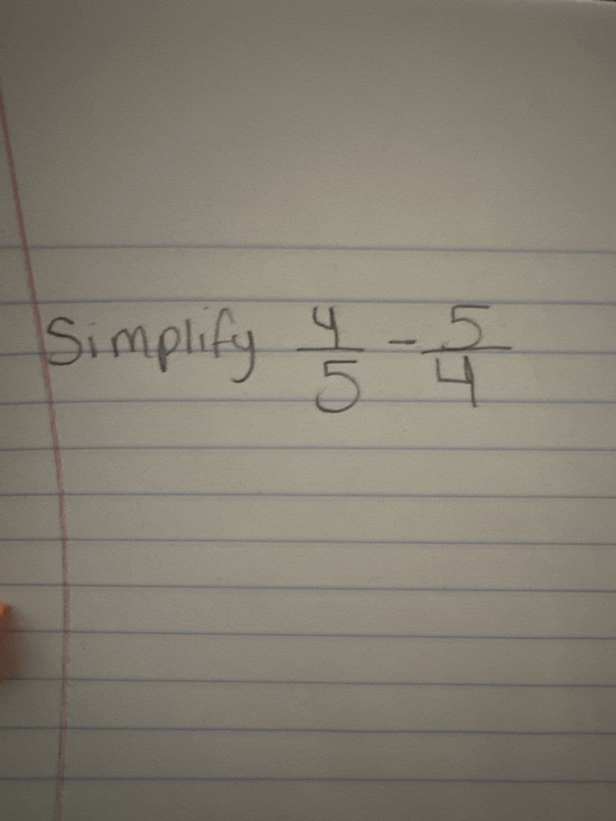 **Simplifying Fractions**

**Problem:**
Simplify the expression \( \frac{4}{5} - \frac{5}{4} \)

**Solution Steps:**
1. **Find the common denominator:** To subtract fractions, they must have a common denominator. The denominators of \( \frac{4}{5} \) and \( \frac{5}{4} \) are 5 and 4, respectively. The least common denominator (LCD) for these fractions is 20.

2. **Convert each fraction to the common denominator:**
 
   - For \( \frac{4}{5} \):
     - Numerator \( = 4 \times 4 = 16 \)
     - Denominator \( = 5 \times 4 = 20 \)
     - So, \( \frac{4}{5} = \frac{16}{20} \)

   - For \( \frac{5}{4} \):
     - Numerator \( = 5 \times 5 = 25 \)
     - Denominator \( = 4 \times 5 = 20 \)
     - So, \( \frac{5}{4} = \frac{25}{20} \)

3. **Subtract the converted fractions:**
   - \( \frac{16}{20} - \frac{25}{20} \)
   - Since the denominators are now the same, subtract the numerators:
     - \( 16 - 25 \)
   - Result: \( \frac{-9}{20} \)

Therefore, the simplified form of \( \frac{4}{5} - \frac{5}{4} \) is:
\[ \frac{-9}{20} \]