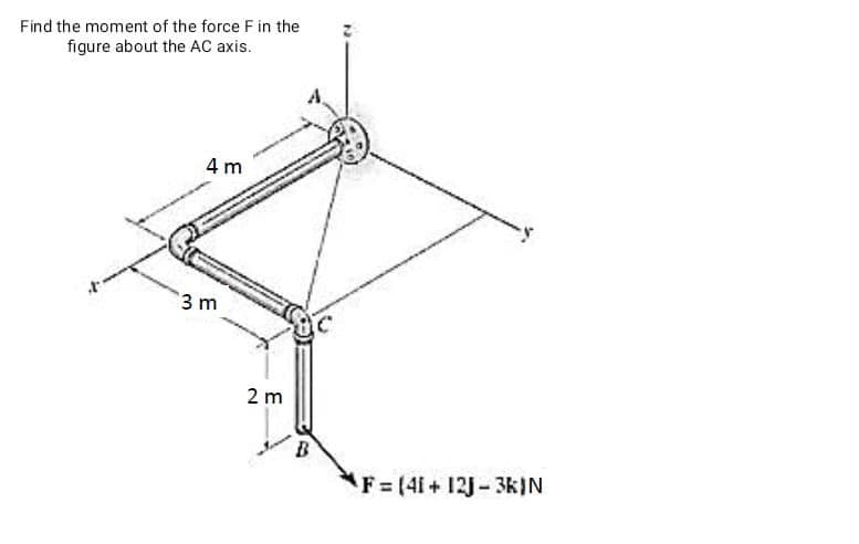 Find the moment of the force F in the
figure about the AC axis.
4 m
3 m
2 m
B
F= (41+ 12J-3k)N
