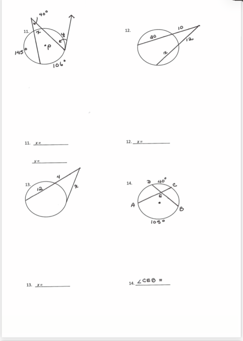 40°
11.
12.
10
ao
1450
106°
11. ха
12. хв
13.
12
14.
40
1050
13. X=
14. 2 CEB =
