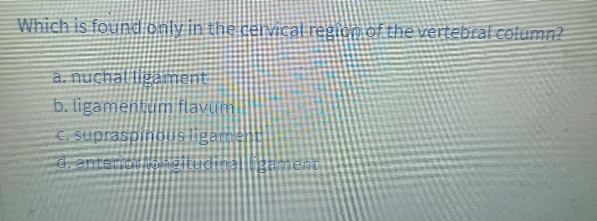 Which is found only in the cervical region of the vertebral column?
a. nuchal ligament
b. ligamentum flavum
c. supraspinous ligament
d. anterior longitudinal ligament