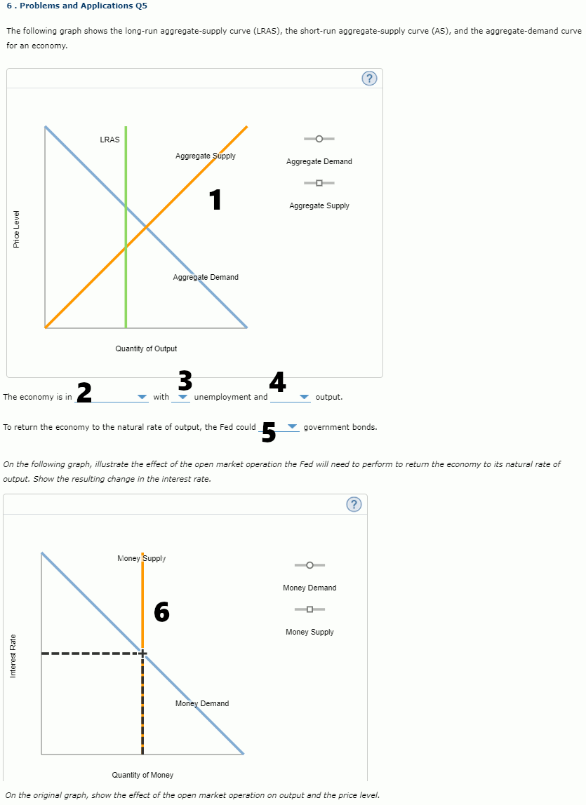 6. Problems and Applications Q5
The following graph shows the long-run aggregate-supply curve (LRAS), the short-run aggregate-supply curve (AS), and the aggregate-demand curve
for an economy.
Price Level
The economy is in 2
LRAS
Interest Rate
with
Quantity of Output
Aggregate Supply
Money Supply
1
Aggregate Demand
To return the economy to the natural rate of output, the Fed could
¹5
6
unemployment and
O
Money Demand
Aggregate Demand
Aggregate Supply
On the following graph, illustrate the effect of the open market operation the Fed will need to perform to return the economy to its natural rate of
output. Show the resulting change the interest rate.
output.
▼ government bonds.
Money Demand
(?)
Money Supply
?
Quantity of Money
On the original graph, show the effect of the open market operation on output and the price level.