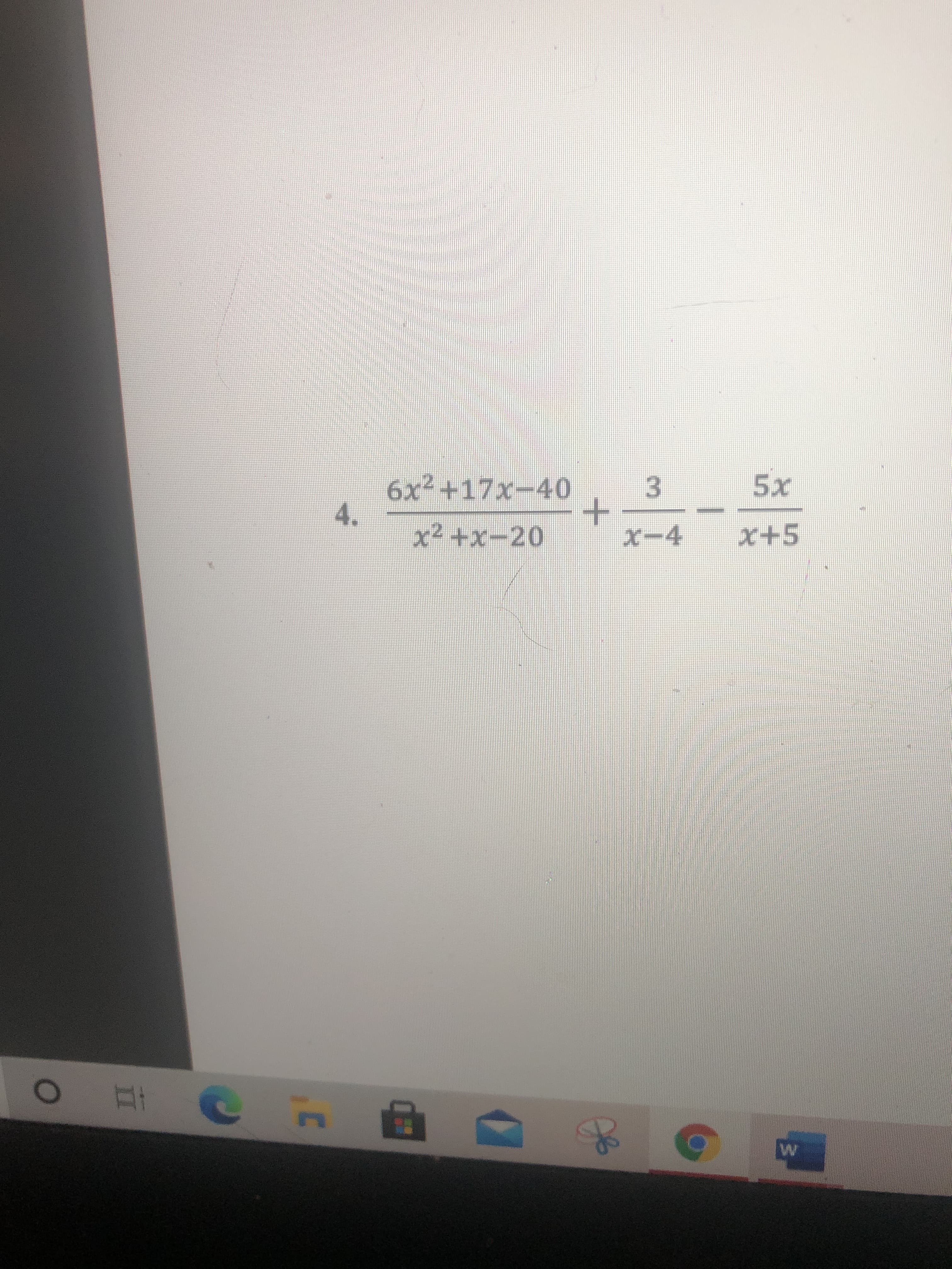 Certainly! Here is the transcription of the image written for an educational website:

---

### Algebraic Expression Simplification

Consider the following algebraic expression that needs to be simplified:

\[ \frac{6x^2 + 17x - 40}{x^2 + x - 20} + \frac{3}{x - 4} - \frac{5x}{x + 5} \]

Let's break down and simplify this expression step by step.

1. **Identify Common Factors:**
   - Factorize the quadratic expressions in the denominators, if possible.
   - Determine a common denominator that can simplify the addition and subtraction of these rational expressions.

2. **Simplify Each Term:**
   - Simplify the individual fractions before attempting to combine them.

3. **Combine the Fractions:**
   - Once simplified, use the common denominator to combine the terms into a single rational expression.

4. **Check for Any Further Simplifications:**
   - After combining, verify if the resulting expression can be further simplified by canceling common factors in the numerator and denominator.

By following these steps, you can effectively simplify complex algebraic expressions. Let’s apply this to the given expression and work through the solution.

---

This transcription outlines the algebraic expression and sets the stage for a step-by-step simplification process, which would be useful for educational purposes.