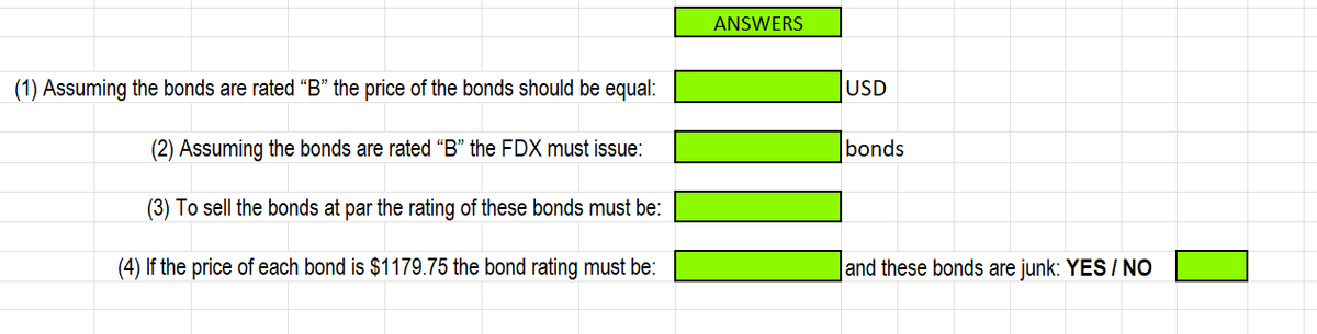 ANSWERS
(1) Assuming the bonds are rated "B" the price of the bonds should be equal:
USD
(2) Assuming the bonds are rated “B" the FDX must issue:
bonds
(3) To sell the bonds at par the rating of these bonds must be:
(4) If the price of each bond is $1179.75 the bond rating must be:
and these bonds are junk: YES / NO
