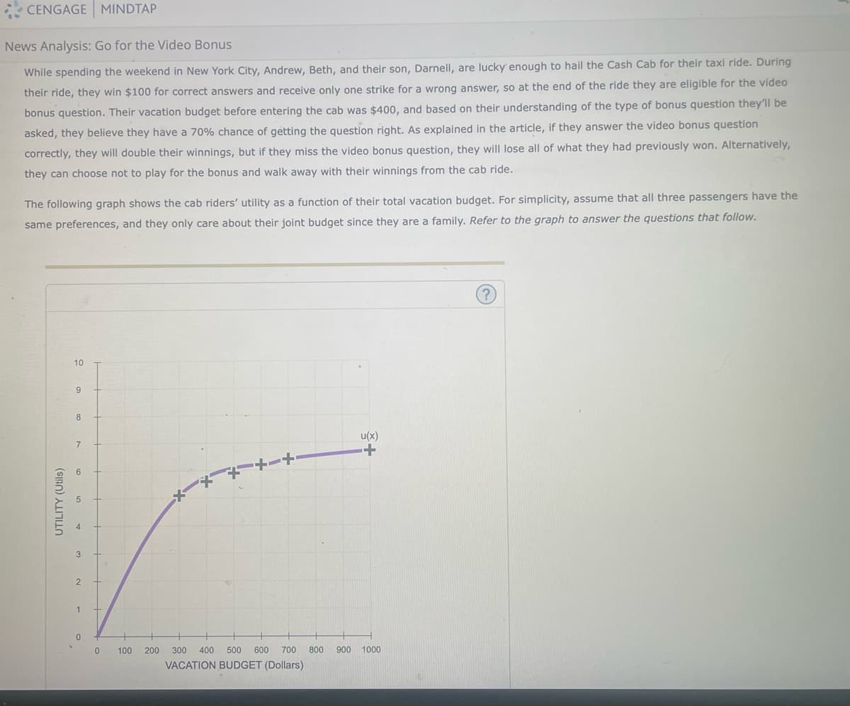 CENGAGE MINDTAP
News Analysis: Go for the Video Bonus
While spending the weekend in New York City, Andrew, Beth, and their son, Darnell, are lucky enough to hail the Cash Cab for their taxi ride. During
their ride, they win $100 for correct answers and receive only one strike for a wrong answer, so at the end of the ride they are eligible for the video
bonus question. Their vacation budget before entering the cab was $400, and based on their understanding of the type of bonus question they'll be
asked, they believe they have a 70% chance of getting the question right. As explained in the article, if they answer the video bonus question
correctly, they will double their winnings, but if they miss the video bonus question, they will lose all of what they had previously won. Alternatively,
they can choose not to play for the bonus and walk away with their winnings from the cab ride.
The following graph shows the cab riders' utility as a function of their total vacation budget. For simplicity, assume that all three passengers have the
same preferences, and they only care about their joint budget since they are a family. Refer to the graph to answer the questions that follow.
10
9
8
u(x)
6.
4.
1
100
200
300 400
500
600
700
800
900
1000
VACATION BUDGET (Dollars)
UTILITY (Utils)
