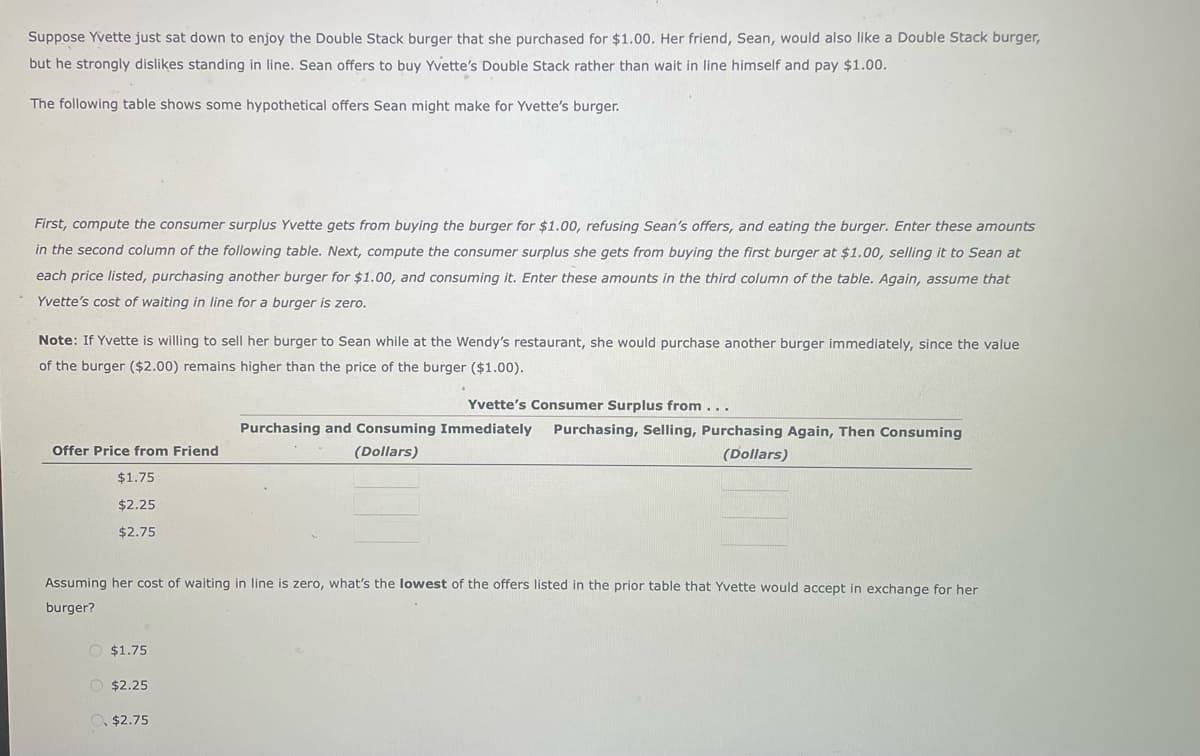 Suppose Yvette just sat down to enjoy the Double Stack burger that she purchased for $1.00. Her friend, Sean, would also like a Double Stack burger,
but he strongly dislikes standing in line. Sean offers to buy Yvette's Double Stack rather than wait in line himself and pay $1.00.
The following table shows some hypothetical offers Sean might make for Yvette's burger.
First, compute the consumer surplus Yvette gets from buying the burger for $1.00, refusing Sean's offers, and eating the burger. Enter these amounts
in the second column of the following table. Next, compute the consumer surplus she gets from buying the first burger at $1.00, selling it to Sean at
each price listed, purchasing another burger for $1.00, and consuming it. Enter these amounts in the third column of the table. Again, assume that
Yvette's cost of waiting in line for a burger is zero.
Note: If Yvette is willing to sell her burger to Sean while at the Wendy's restaurant, she would purchase another burger immediately, since the value
of the burger ($2.00) remains higher than the price of the burger ($1.00).
Yvette's Consumer Surplus from...
Purchasing and Consuming Immediately Purchasing, Selling, Purchasing Again, Then Consuming
Offer Price from Friend
(Dollars)
(Dollars)
$1.75
$2.25
$2.75
Assuming her cost of waiting in line is zero, what's the lowest of the offers listed in the prior table that Yvette would accept in exchange for her
burger?
O $1.75
O $2.25
O $2.75
