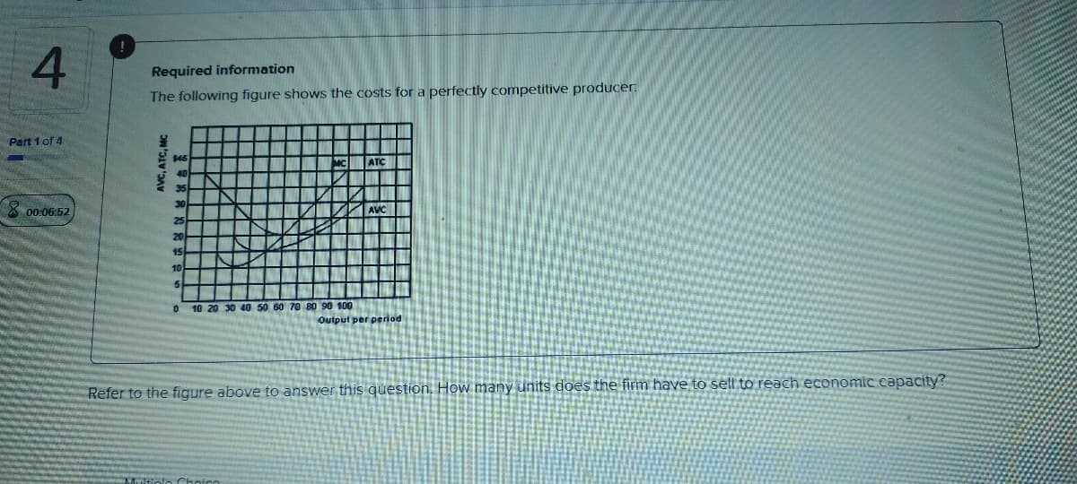 4
Part 1 of 4
00:06:52
Required information
The following figure shows the costs for a perfectly competitive producer:
AVC, ATC, MC
$45
40
35
25
20
15
10
5
n
MC
10 20 30 40 50 60 70 80 90 100
Multiple Choico
ATC
AVC
Output per period
Refer to the figure above to answer this question. How many units does the firm have to sell to reach economic capacity?