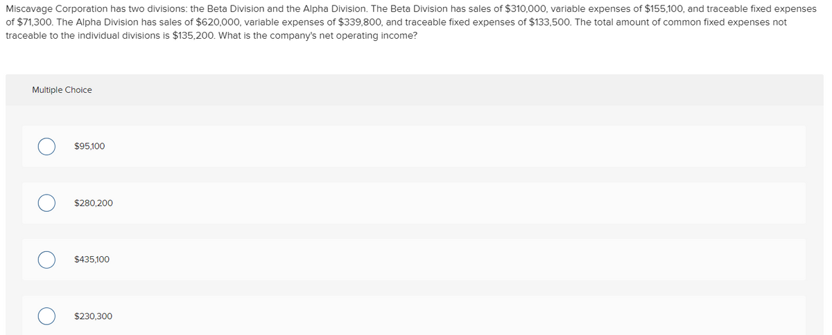 Miscavage Corporation has two divisions: the Beta Division and the Alpha Division. The Beta Division has sales of $310,000, variable expenses of $155,100, and traceable fixed expenses
of $71,300. The Alpha Division has sales of $620,000, variable expenses of $339,800, and traceable fixed expenses of $133,500. The total amount of common fixed expenses not
traceable to the individual divisions is $135,200. What is the company's net operating income?
Multiple Choice
$95,100
$280,200
$435,100
$230,300