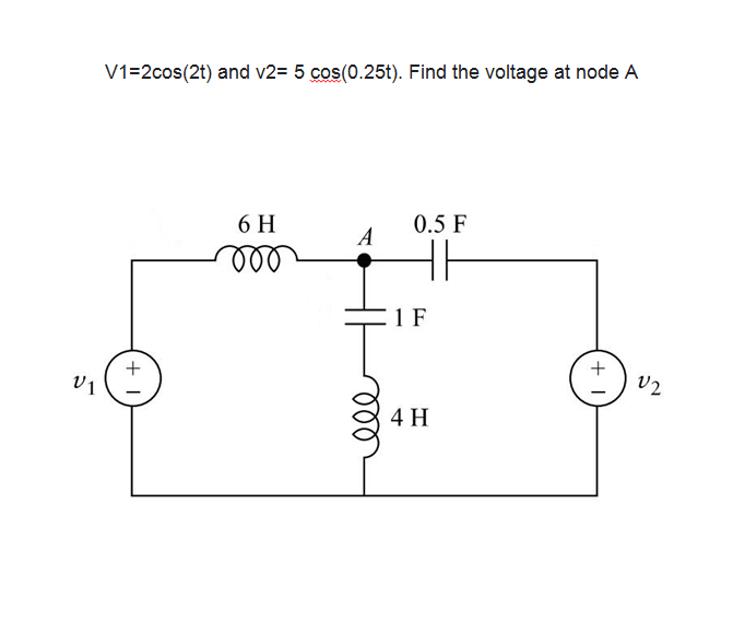 V1=2cos(2t) and v2= 5 cos(0.25t). Find the voltage at node A
6 H
0.5 F
A
ll
1 F
V1
V2
4 H
ll
+ I
