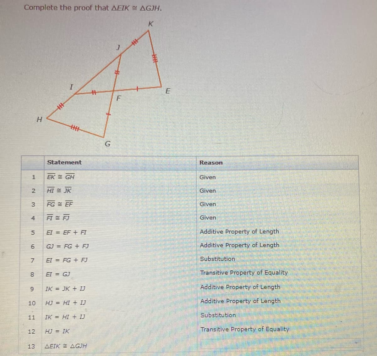 Complete the proof that AEIK AGJH.
K
H
Statement
Reason
EK GH
Given
2.
HI JK
Given
FG EF
Given
4
Given
EI = EF + FI
Additive Property of Length
6
GJ = FG + FJ
Additive Property of Length
EI = FG + FJ
Substitution
EI = GJ
Transitive Property of Equality
Additive Property of Length
IK = JK + IJ
10
HJ = HI + IJ
Additive Property of Length
11
IK = HI + IJ
Substitution
12
HJ = IK
Transitive Property of Equality
13
AEIK E AGJH
