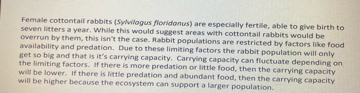 Female cottontail rabbits (Sylvilagus floridanus) are especially fertile, able to give birth to
seven litters a year. While this would suggest areas with cottontail rabbits would be
overrun by them, this isn't the case. Rabbit populations are restricted by factors like food
availability and predation. Due to these limiting factors the rabbit population will only
get so big and that is it's carrying capacity. Carrying capacity can fluctuate depending on
the limiting factors. If there is more predation or little food, then the carrying capacity
will be lower. If there is little predation and abundant food, then the carrying capacity
will be higher because the ecosystem can support a larger population.
