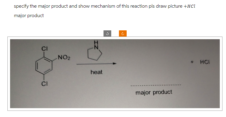 specify the major product and show mechanism of this reaction pls draw picture +HCl
major product
CI
CI
NO₂
heat
n
(
major product
+ HCI