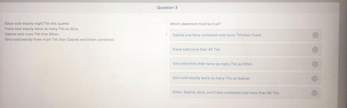 Ethan sold exactly eight TVs this quarter.
Frank sold exactly twice as many TVs as Gina.
Gabriel sold more TVs than Ethan.
Gina sold exactly three more TVs than Gabriel and Ethan combined.
Question 3
Which statement must be true?
Gabriel and Gina combined sold more TVs than Frank.
Frank sold more than 40 TVs.
Gina sold more than twice as many TVs as Ethan.
Gina sold exactly twice as many TVs as Gabriel.
Ethan, Gabriel, Gina, and Frank combined sold more than 80 TVs.