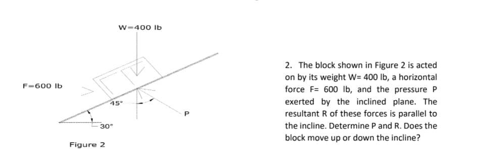 w=400 Ib
2. The block shown in Figure 2 is acted
on by its weight W= 400 lb, a horizontal
force F= 600 lb, and the pressure P
F=600 lb
exerted by the inclined plane. The
resultant R of these forces is parallel to
45°
30°
the incline. Determine P and R. Does the
block move up or down the incline?
Figure 2
