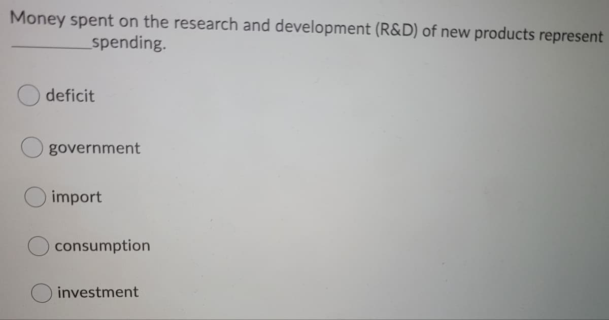 Money spent on the research and development (R&D) of new products represent
spending.
deficit
government
O import
consumption
O investment
