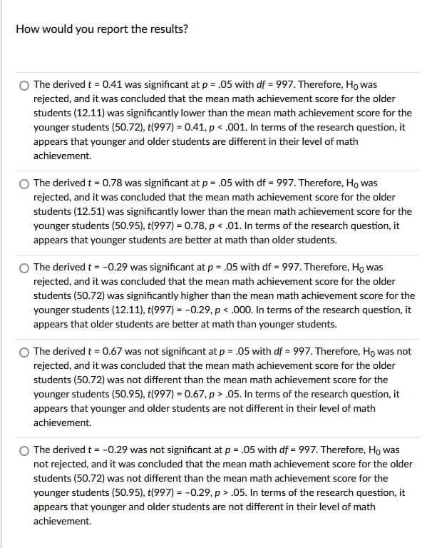 How would you report the results?
The derived t = 0.41 was significant at p = .05 with df = 997. Therefore, Ho was
rejected, and it was concluded that the mean math achievement score for the older
students (12.11) was significantly lower than the mean math achievement score for the
younger students (50.72), t(997) = 0.41, p < .001. In terms of the research question, it
appears that younger and older students are different in their level of math
achievement.
The derived t = 0.78 was significant at p = .05 with df = 997. Therefore, Ho was
rejected, and it was concluded that the mean math achievement score for the older
students (12.51) was significantly lower than the mean math achievement score for the
younger students (50.95), t(997) = 0.78, p < .01. In terms of the research question, it
appears that younger students are better at math than older students.
The derived t = -0.29 was significant at p = .05 with df = 997. Therefore, Ho was
rejected, and it was concluded that the mean math achievement score for the older
students (50.72) was significantly higher than the mean math achievement score for the
younger students (12.11), t(997) = -0.29, p < .000. In terms of the research question, it
appears that older students are better at math than younger students.
The derived t = 0.67 was not significant at p = .05 with df = 997. Therefore, Ho was not
rejected, and it was concluded that the mean math achievement score for the older
students (50.72) was not different than the mean math achievement score for the
younger students (50.95), t(997) = 0.67, p > .05. In terms of the research question, it
appears that younger and older students are not different in their level of math
achievement.
The derived t = -0.29 was not significant at p = .05 with df = 997. Therefore, Ho was
not rejected, and it was concluded that the mean math achievement score for the older
students (50.72) was not different than the mean math achievement score for the
younger students (50.95), t(997) = -0.29, p > .05. In terms of the research question, it
appears that younger and older students are not different in their level of math
achievement.
