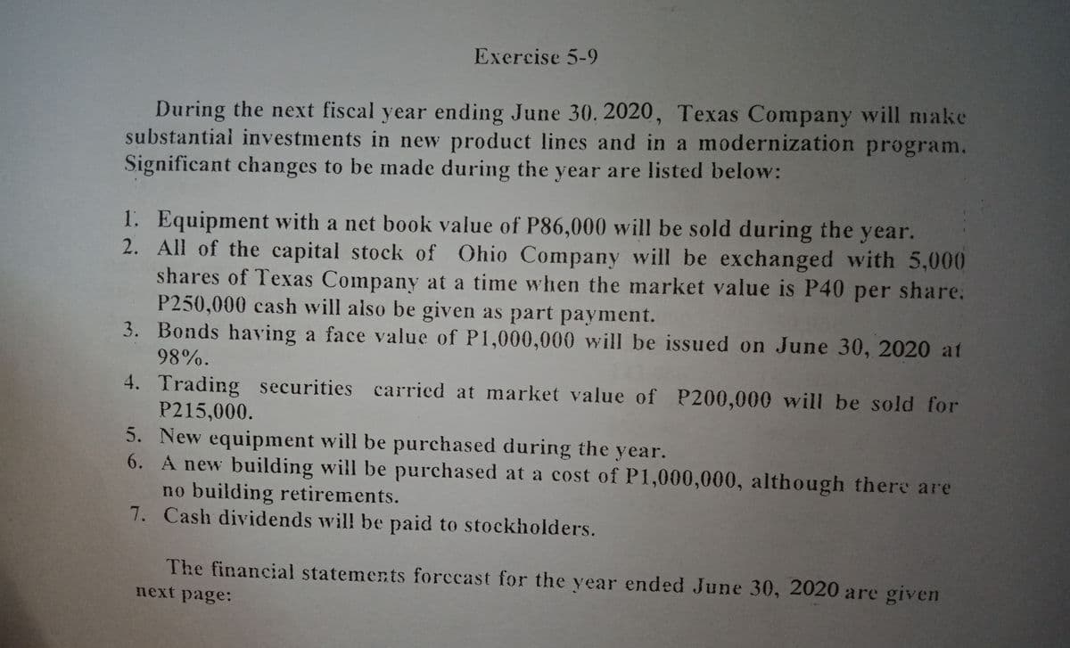 Exercise 5-9
During the next fiscal year ending June 30. 2020, Texas Company will make
substantial investments in new product lines and in a modernization program.
Significant changes to be made during the year are listed below:
6.
1. Equipment with a net book value of P86,000 will be sold during the year.
2. All of the capital stock of Ohio Company will be exchanged with 5,000
shares of Texas Company at a time when the market value is P40 per share.
P250,000 cash will also be given as part payment.
3. Bonds having a face value of P1,000,000 will be issued on June 30, 2020 at
98%.
4. Trading securities carried at market value of P200,000 will be sold for
P215,000.
5. New equipment will be purchased during the year.
6. A new building will be purchased at a cost of P1,000,000, although there are
no building retirements.
7. Cash dividends will! be paid to stockholders.
The financial statements forecast for the year ended June 30, 2020 are given
next page:
