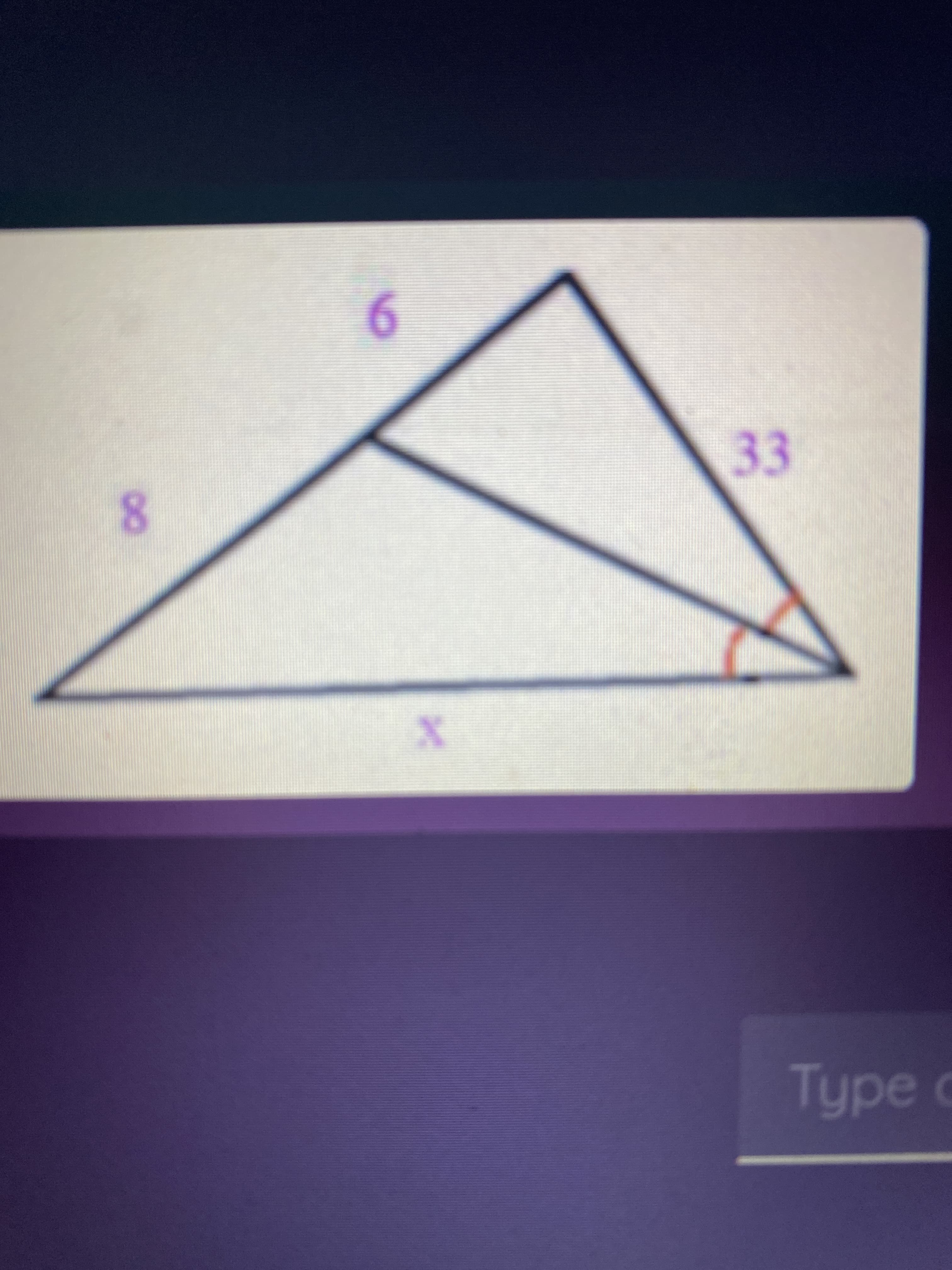 ### Triangle Properties and Calculation

#### Diagram Analysis

The image depicts a triangle with the following characteristics and measurements:

- **Side Lengths**:
  - One side measures 8 units.
  - A second side (which includes part of the first side) measures 6 units.
  - The third side measures 33 units.

- **Unknown Variable**:
  - The length of the bottom part of the triangle is denoted by \( x \). 

#### Angle and Segmentation

- **Angle**: 
  - There is an angle marked at the point where the 33-unit line meets the horizontal line \( x \).

The configuration represents a triangle with one internal segment creating a sub-triangle within the main triangle. This implies the need to either use the Pythagorean theorem, trigonometric ratios, or similarity of triangles to find the unknown length \( x \).

### Learning Objectives

1. Understand the properties of triangles, including how internal segments divide triangles.
2. Apply the Pythagorean theorem and other geometric principles to solve for unknown sides.
3. Utilize trigonometric ratios to determine angle measures and side lengths in right triangles.

### Educational Context

This diagram can be used in the context of geometry to exemplify:

- **Similar Triangles**: If the small triangle inside is similar to the larger triangle, the properties of similarity can help solve for unknowns.

- **The Pythagorean Theorem**: For right triangles, the relation \( a^2 + b^2 = c^2 \) (where \( c \) is the hypotenuse) helps in determining the unknown side.

- **Trigonometric Functions**: Sine, cosine, and tangent functions can relate the angles to the sides of the triangles.

This exercise encourages students to apply critical thinking and mathematical principles to solve for \( x \) and fully understand triangle properties and calculations.