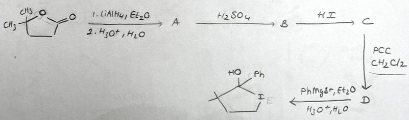 CH3
1. LIAIHY, EtzO
Hz SO4
HI
A
CH3
2. H30t , HLO
PCC
CH2 C/2
HO Ph
Phngsr, Et20
H3 O*, HLO
