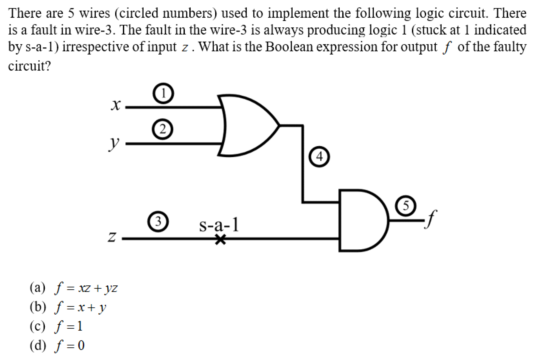 There are 5 wires (circled numbers) used to implement the following logic circuit. There
is a fault in wire-3. The fault in the wire-3 is always producing logic 1 (stuck at 1 indicated
by s-a-1) irrespective of input z . What is the Boolean expression for output ƒ of the faulty
circuit?
s-a-1
(a) f = xz + yz
(b) ƒ = x+ y
(c) ƒ =1
(d) f = 0
