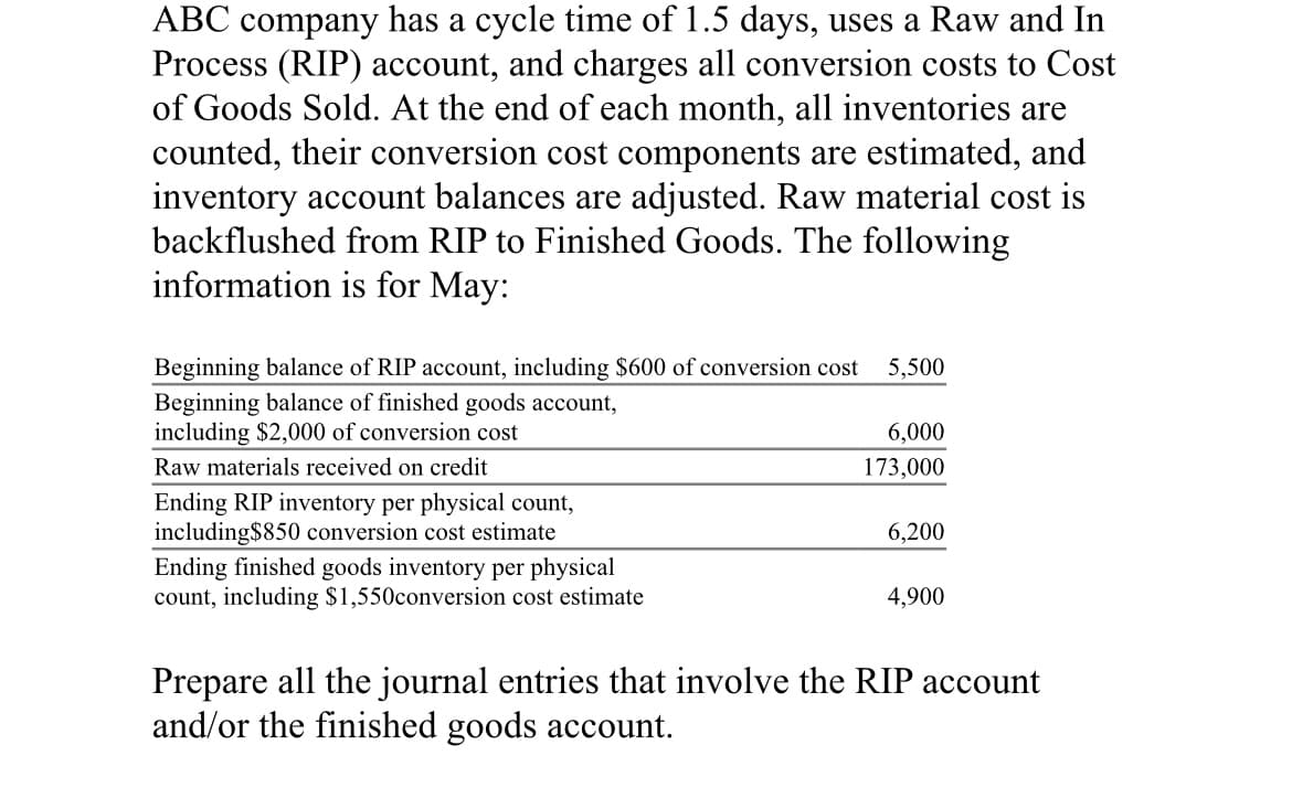 ABC company has a cycle time of 1.5 days, uses a Raw and In
Process (RIP) account, and charges all conversion costs to Cost
of Goods Sold. At the end of each month, all inventories are
counted, their conversion cost components are estimated, and
inventory account balances are adjusted. Raw material cost is
backflushed from RIP to Finished Goods. The following
information is for May:
Beginning balance of RIP account, including $600 of conversion cost
5,500
Beginning balance of finished goods account,
including $2,000 of conversion cost
6,000
Raw materials received on credit
173,000
Ending RIP inventory per physical count,
including$850 conversion cost estimate
Ending finished goods inventory per physical
count, including $1,550conversion cost estimate
6,200
4,900
Prepare all the journal entries that involve the RIP account
and/or the finished goods account.
