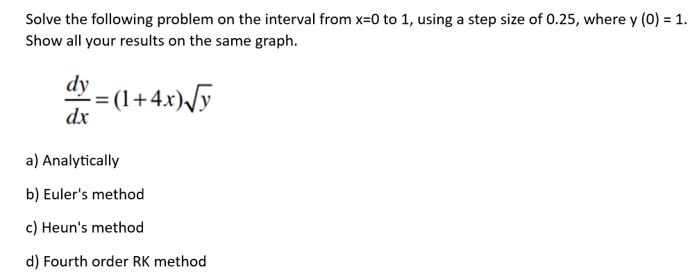 Solve the following problem on the interval from x=0 to 1, using a step size of 0.25, where y (0) = 1.
Show all your results on the same graph.
dy=(1+4x) √y
dx
a) Analytically
b) Euler's method
c) Heun's method
d) Fourth order RK method