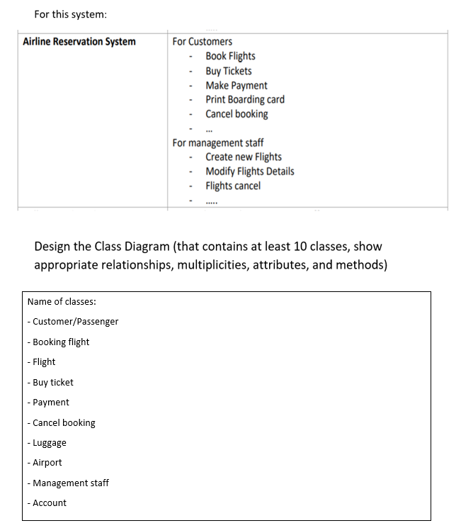 For this system:
Airline Reservation System
For Customers
- Book Flights
- Buy Tickets
Make Payment
Print Boarding card
Cancel booking
For management staff
Create new Flights
Modify Flights Details
Flights cancel
Design the Class Diagram (that contains at least 10 classes, show
appropriate relationships, multiplicities, attributes, and methods)
Name of classes:
- Customer/Passenger
- Booking flight
- Flight
- Buy ticket
- Payment
- Cancel booking
- Luggage
- Airport
- Management staff
- Account
